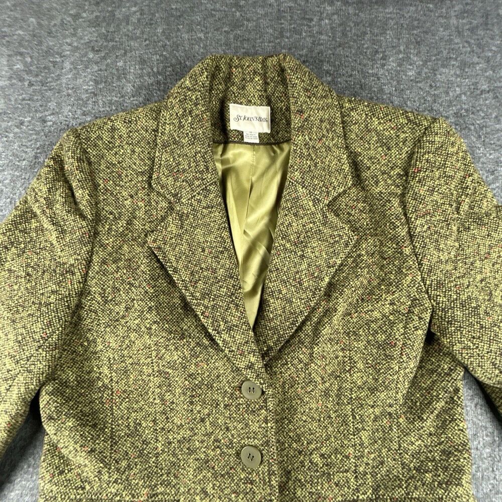 St Johns Bay Wool Blend Tweed Blazer Womens Sz 12 Green Lined Double Breasted - Picture 2 of 14